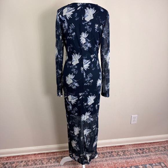 Abercrombie & Fitch Navy Blue Floral Ruched Mesh Maxi Dress Large Stretch NWT - Picture 3 of 10